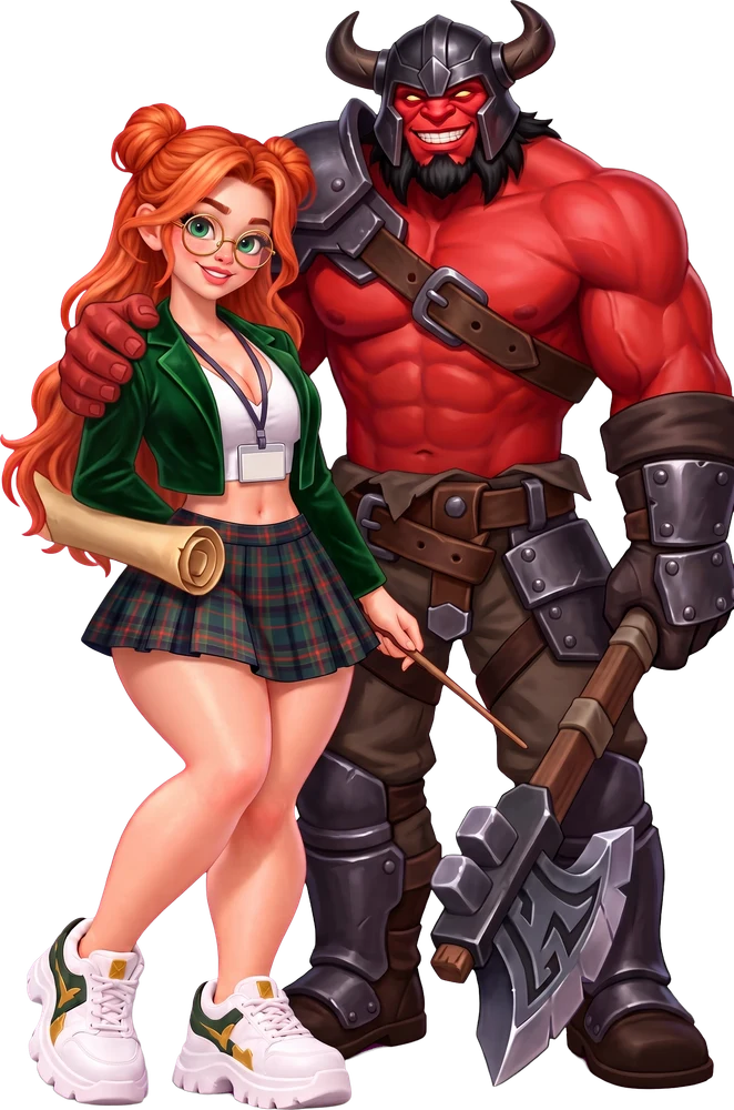 Windranger as a museum guide with a map scroll and a pointer, Axe with his arm around her