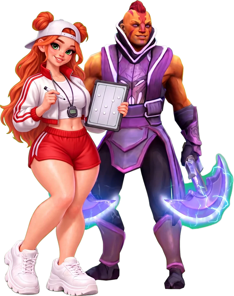 Windranger as a team coach with a tactics board next to Anti-Mage with his two glowing glaives