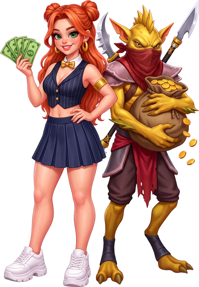 Windranger as a bank teller fanning out dollar bills next to Bounty Hunter hugging a sack of gold coins
