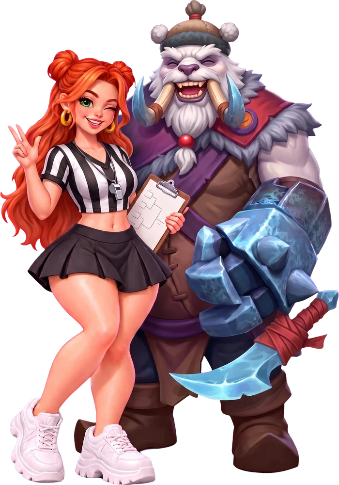 Windranger as a referee with a whistle and a bracket on her clipboard next to a laughing Tusk with his fur cap and icy gauntlet