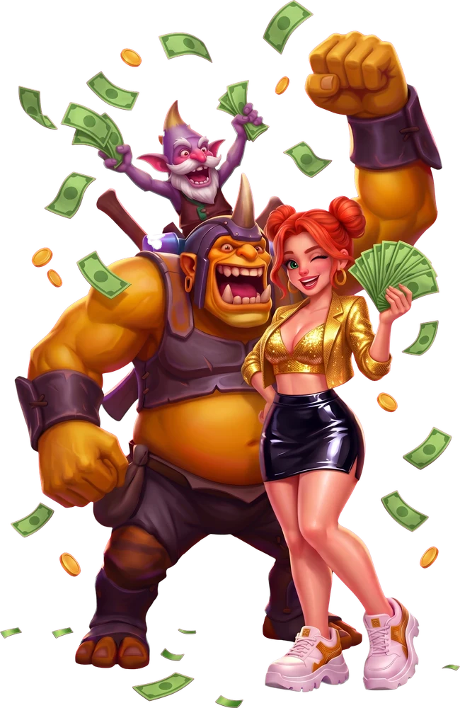 Windranger as a show host fans out dollar bills next to a cheering Alchemist while money rains down