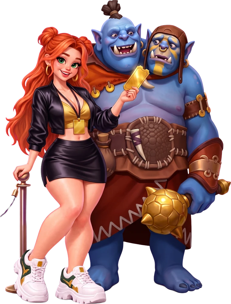 Windranger as a VIP host with a golden ticket next to the two-headed Ogre Magi, who holds a ticket too