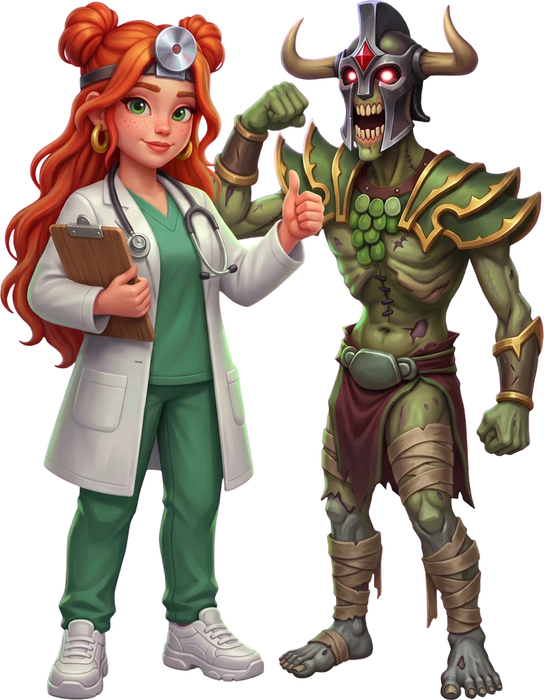 Windranger as a doctor checks Undying, who flexes his arm