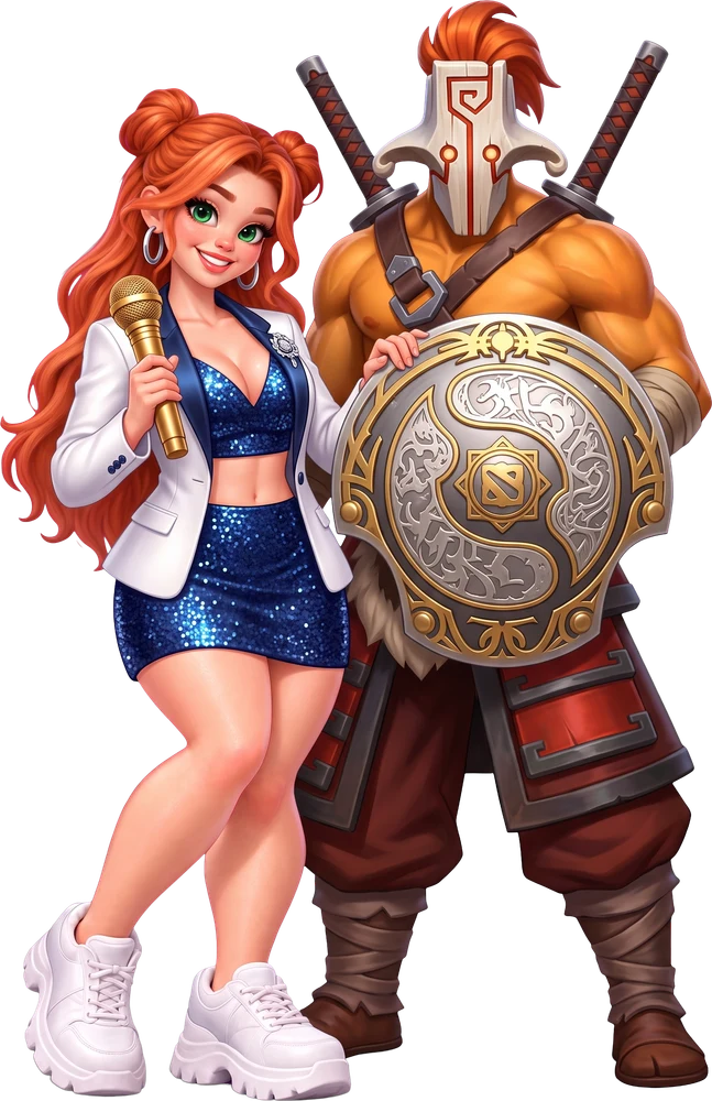 Windranger as a gala host with a golden microphone next to Juggernaut, who holds the Aegis