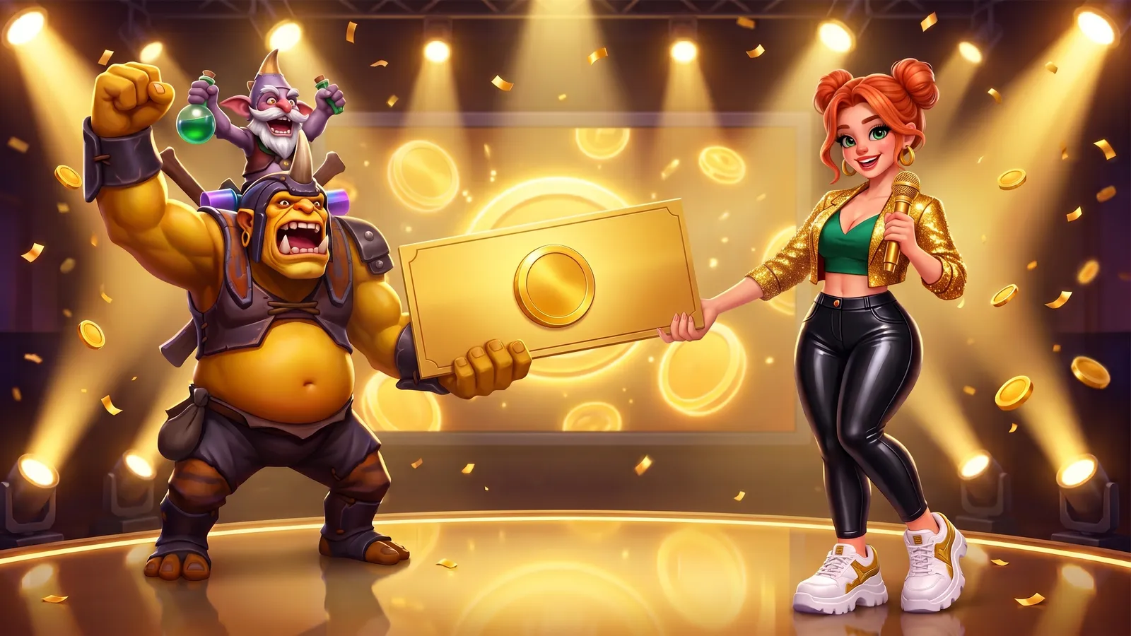 Windranger as a show host hands a giant golden check to Alchemist, who cheers on a stage with golden confetti