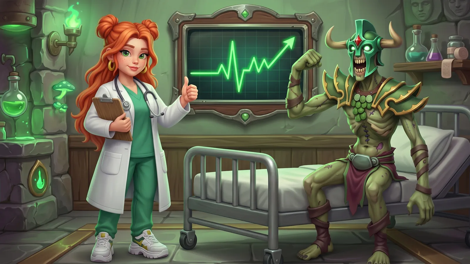Windranger as a doctor gives a thumbs up next to Undying, who flexes his arm on a hospital bed in front of a rising heart monitor