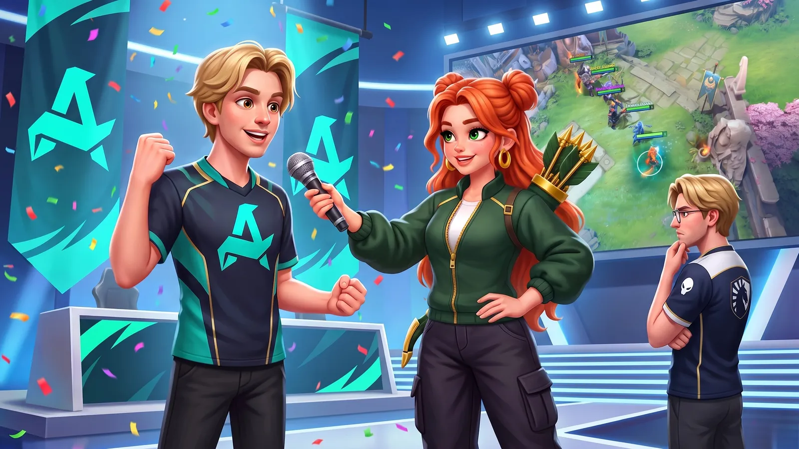 Windranger holds her microphone out to a cheering Aurora Gaming player while a Team Liquid player studies a big screen behind them