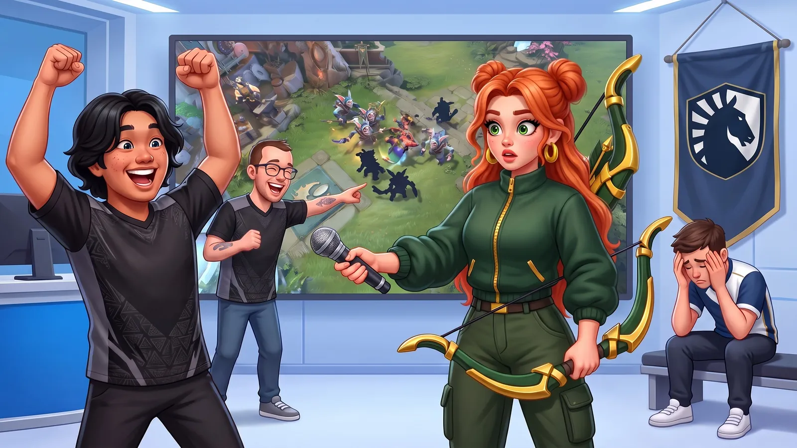 Windranger holds her microphone out to a cheering GamerLegion player while a Team Liquid player sits on a bench behind them