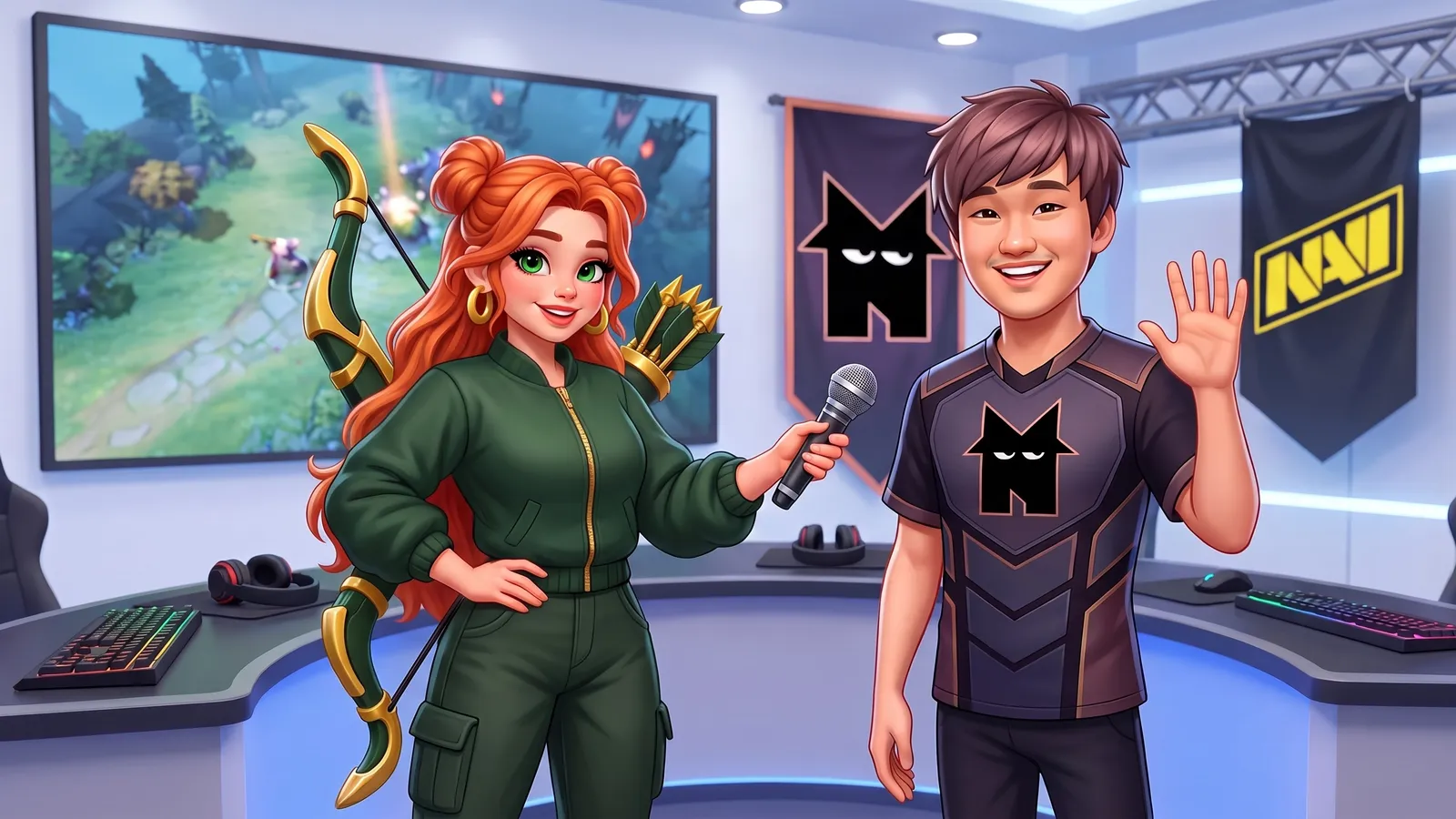 Windranger interviews a waving Team Nemesis player in a studio, a real Dota 2 teamfight on the screen and Nemesis and NAVI banners behind them