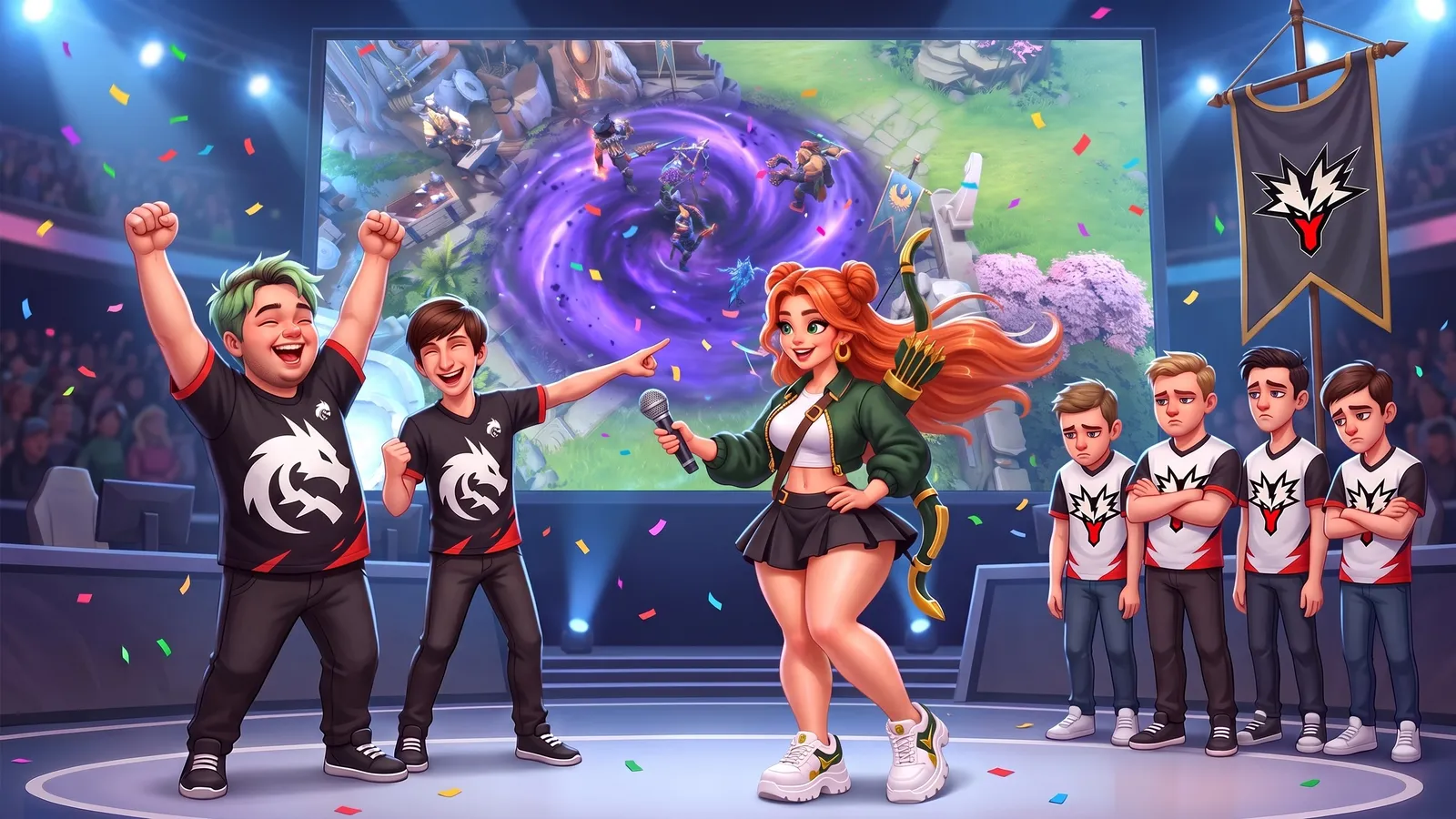 Windranger holds her microphone out to two cheering Team Spirit players while the Team Yandex players stand sad under their banner