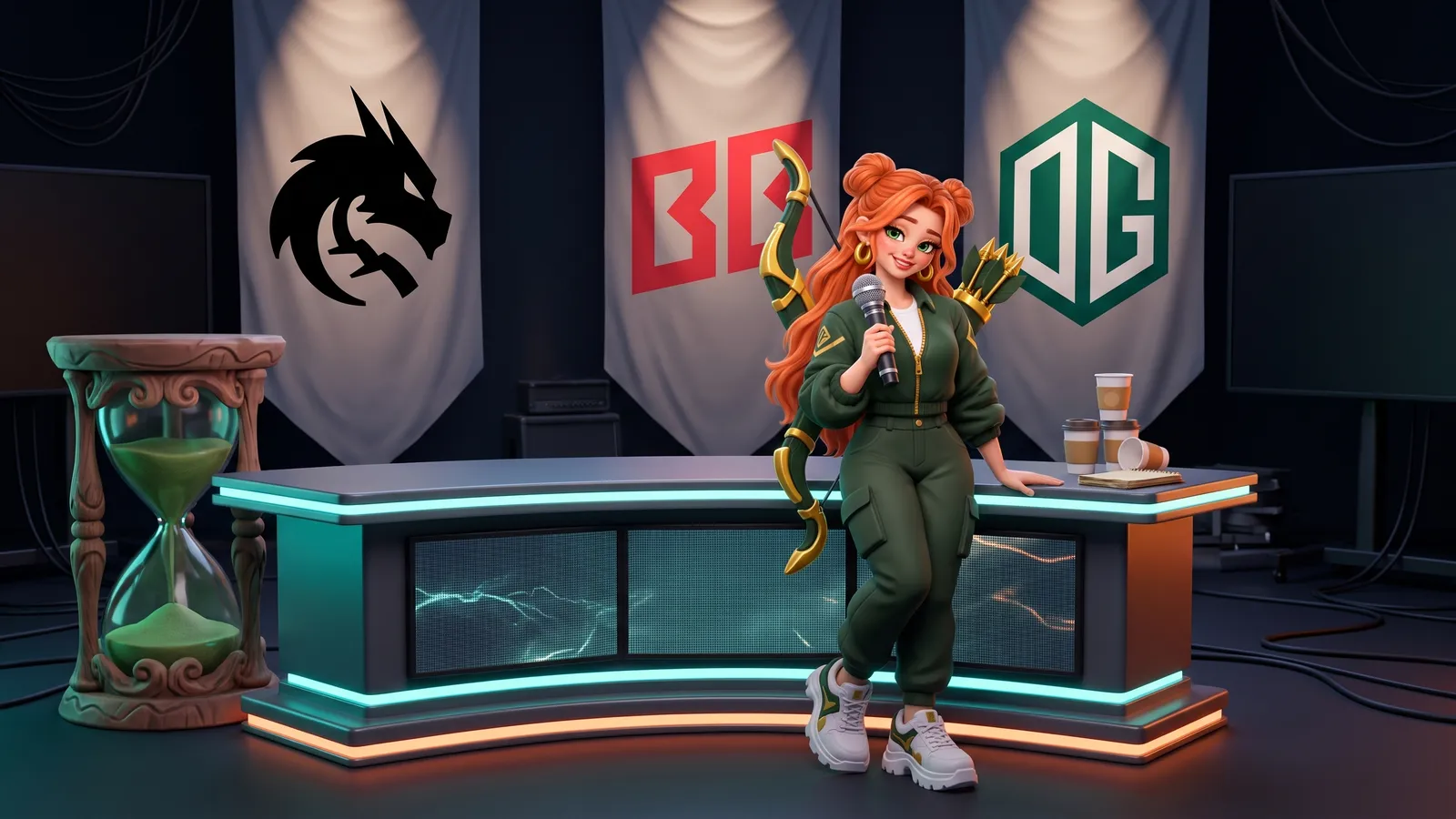 Windranger at a broadcast desk next to a giant hourglass, with Team Spirit, BetBoom and OG banners behind her