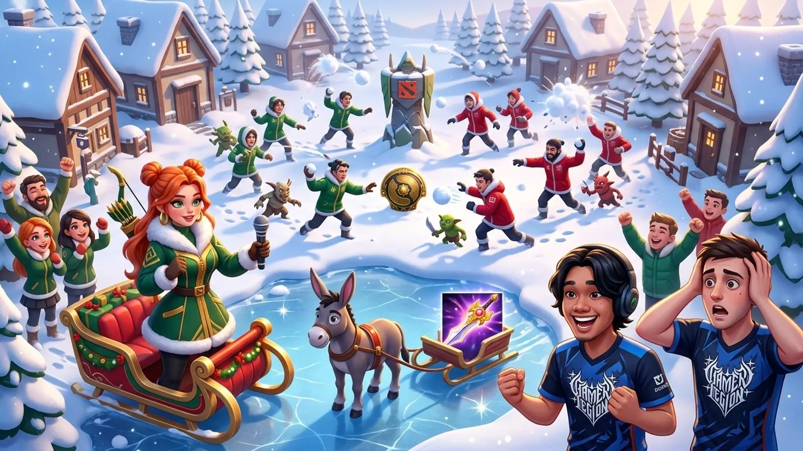 Snowball fight around a Dota 2 tower with Windranger reporting from a sled