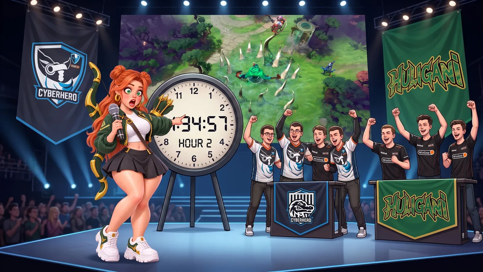Windranger the reporter looks shocked at a giant clock in a long Dota 2 match