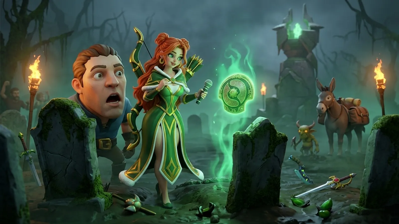 Windranger reporter at a foggy midnight graveyard holds a microphone to a glowing Aegis while Sven watches