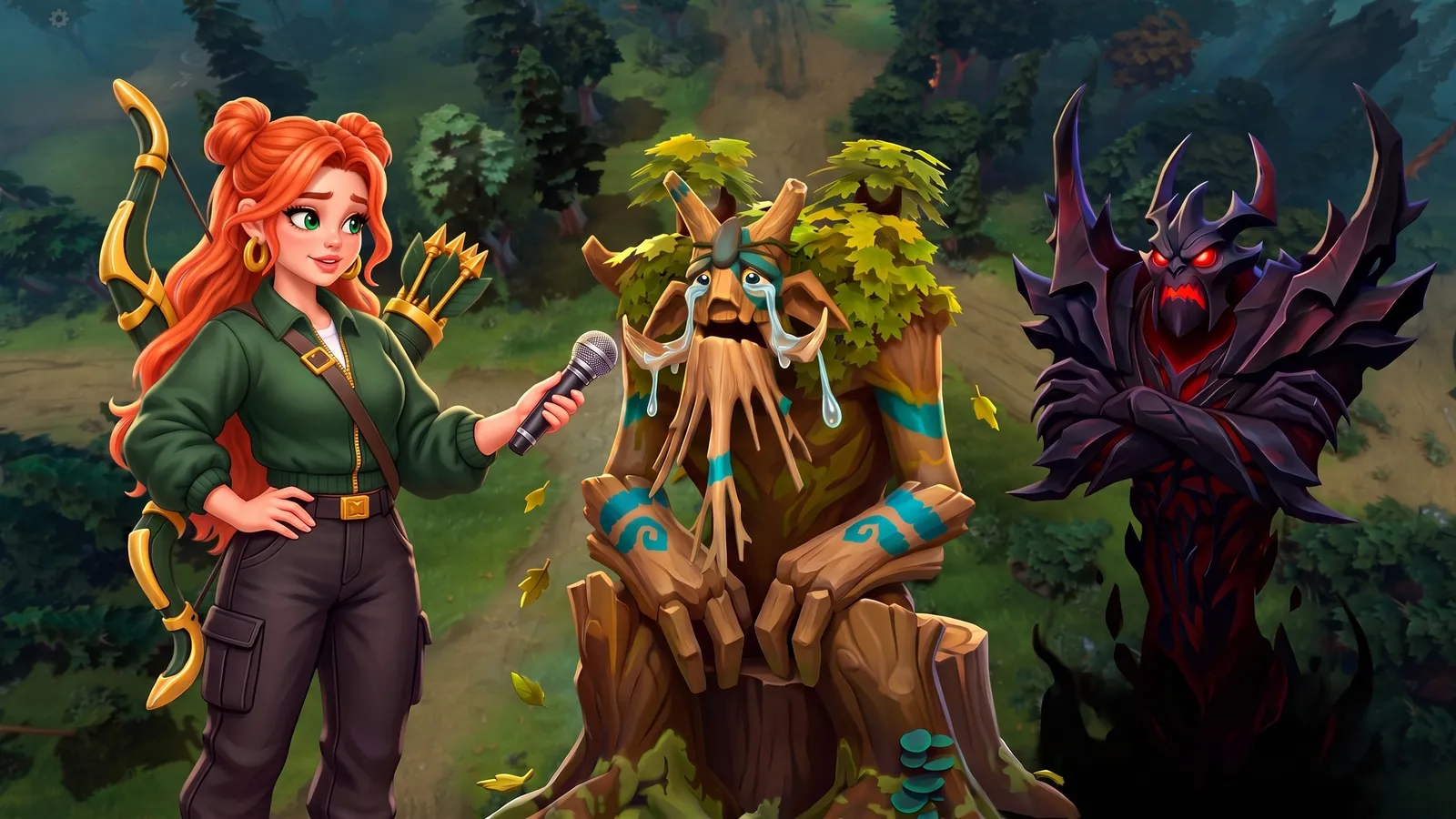 On the Dota 2 map, Windranger interviews a crying Treant Protector while Shadow Fiend sulks with crossed arms