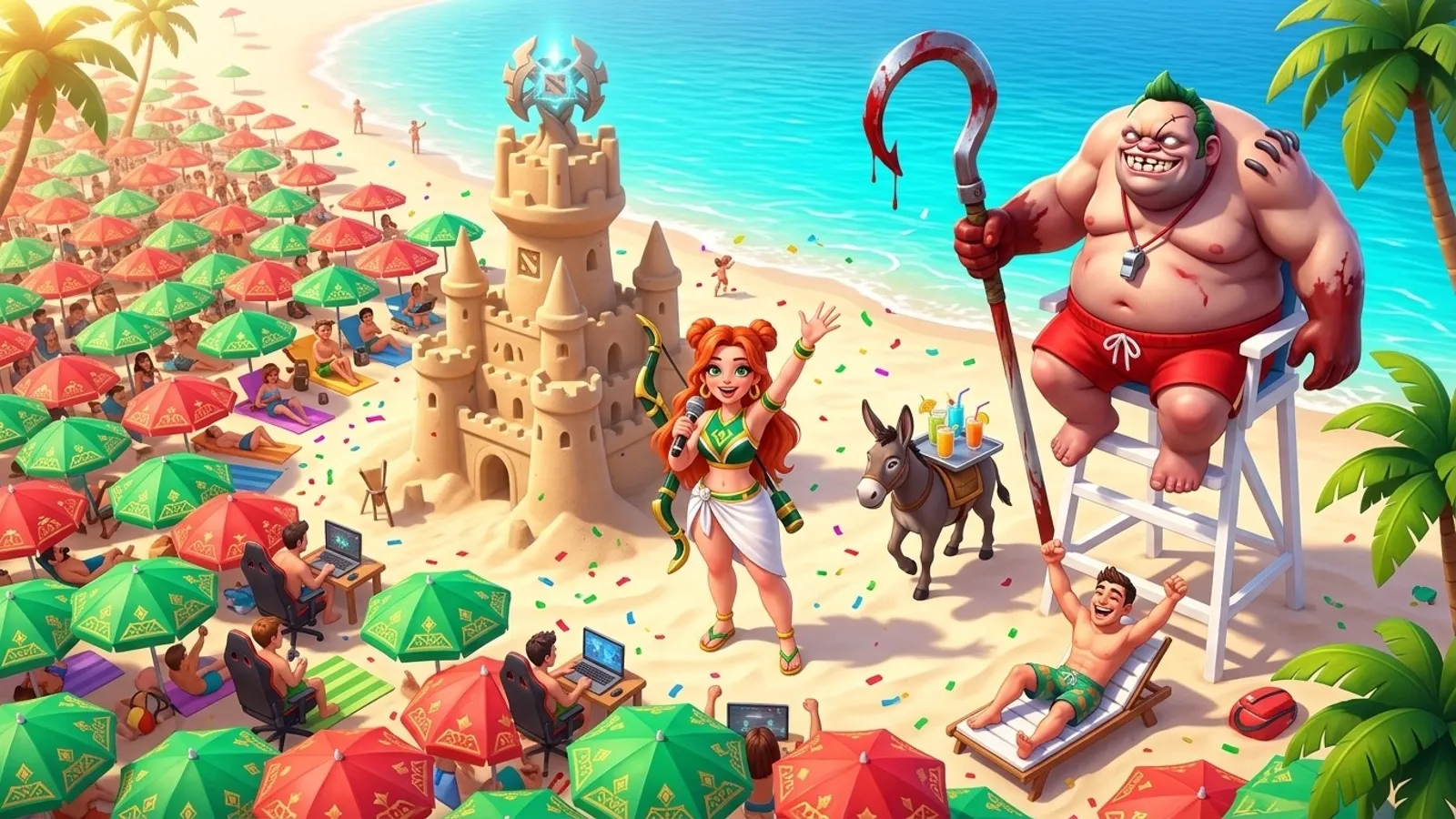 Seen from above: a beach crowd of players with Radiant and Dire umbrellas, the red-haired reporter waving, Pudge as the lifeguard and a sandcastle tower.