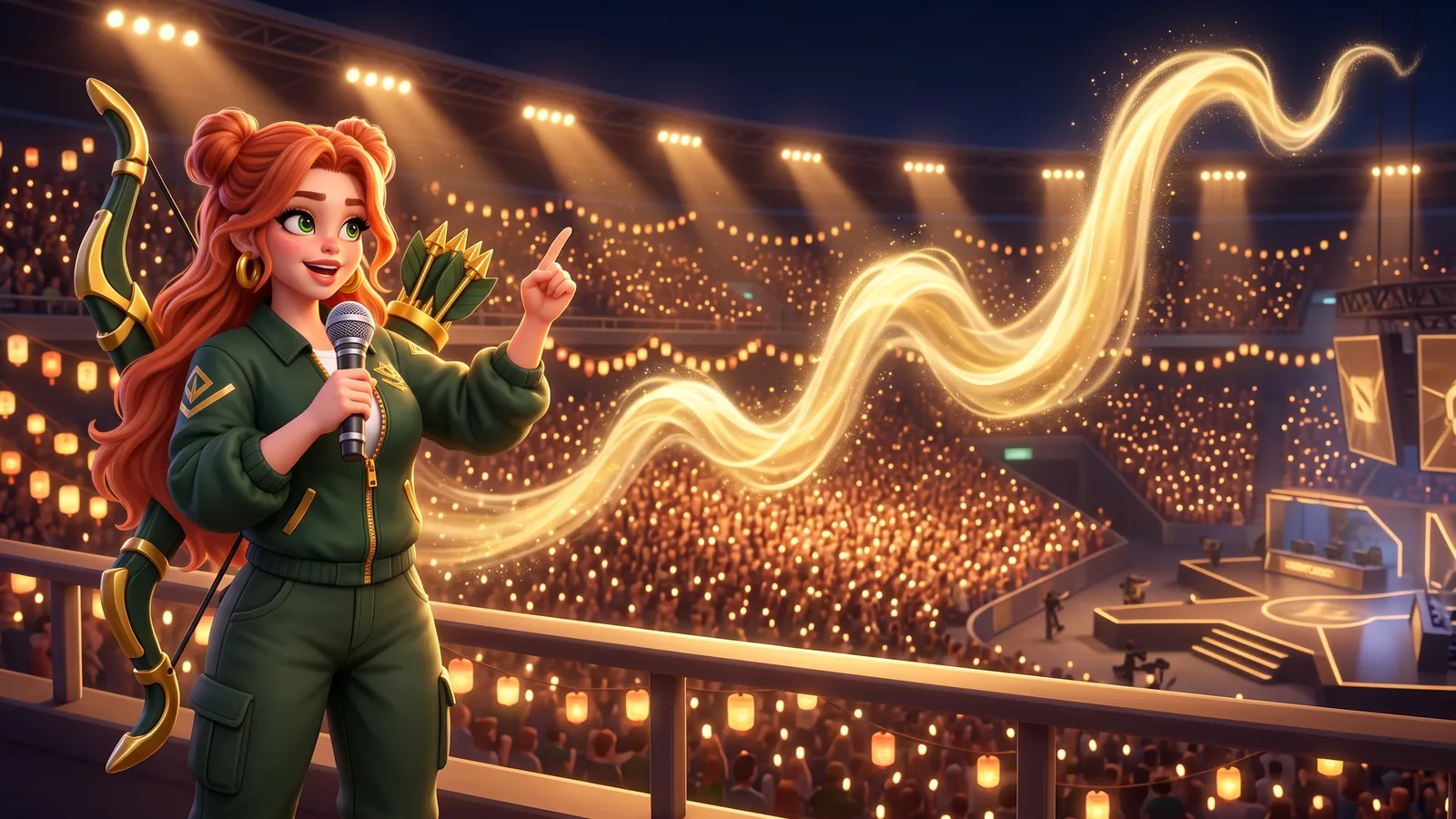 Windranger with a microphone in a packed arena, pointing at a glowing rising line of light above the crowd