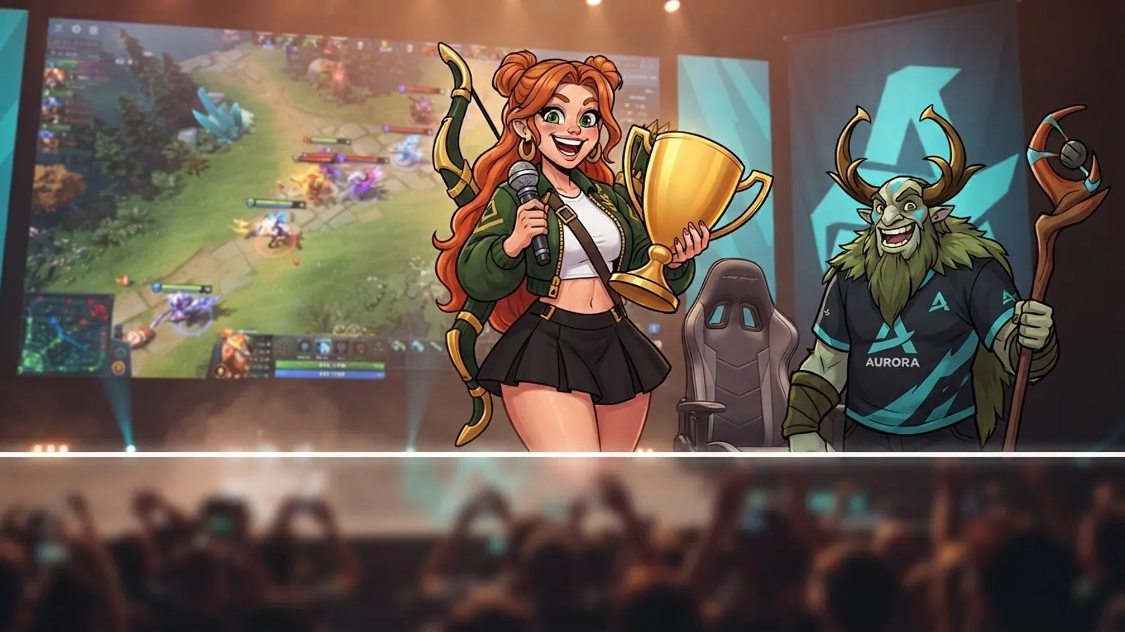 Windranger the reporter smiles and holds a golden trophy for the Player of the Week