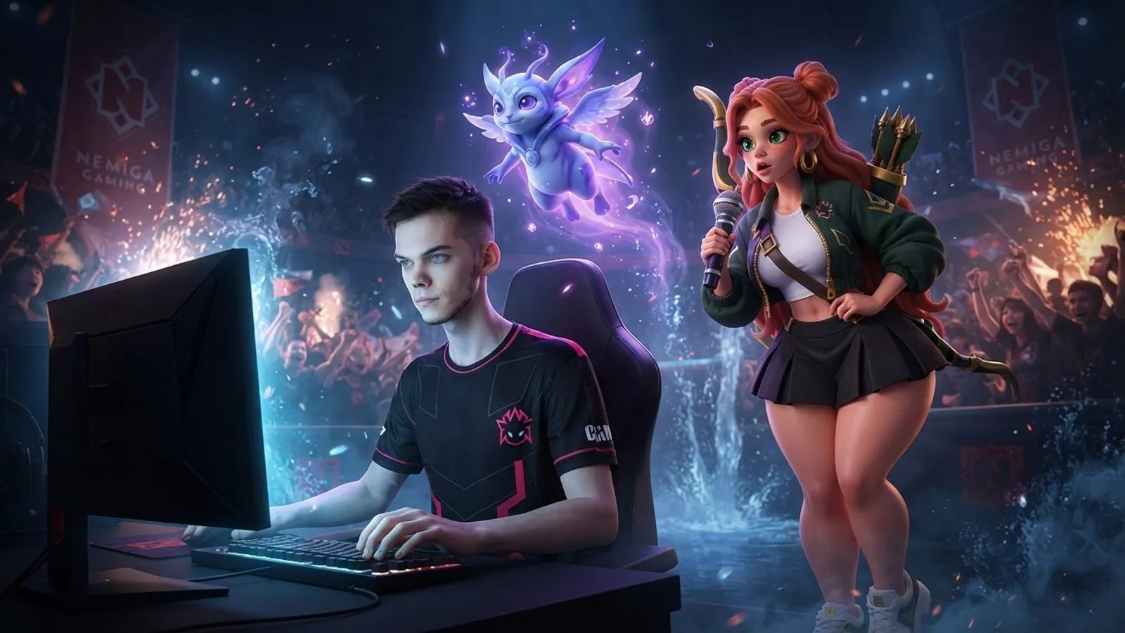 A mid player at his computer with a glowing spirit behind him