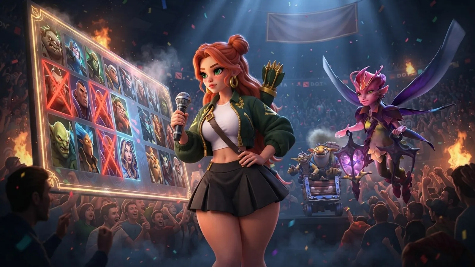 The red-haired reporter looks at a board of picked and banned heroes with Dark Willow behind her.