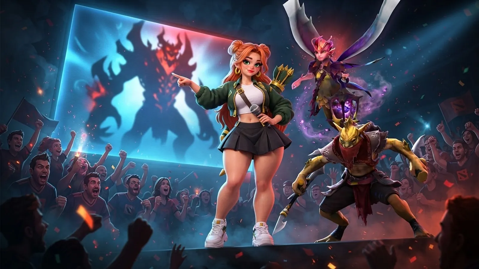 The red-haired reporter points at a glowing hero pick screen in a dark Dota 2 arena.