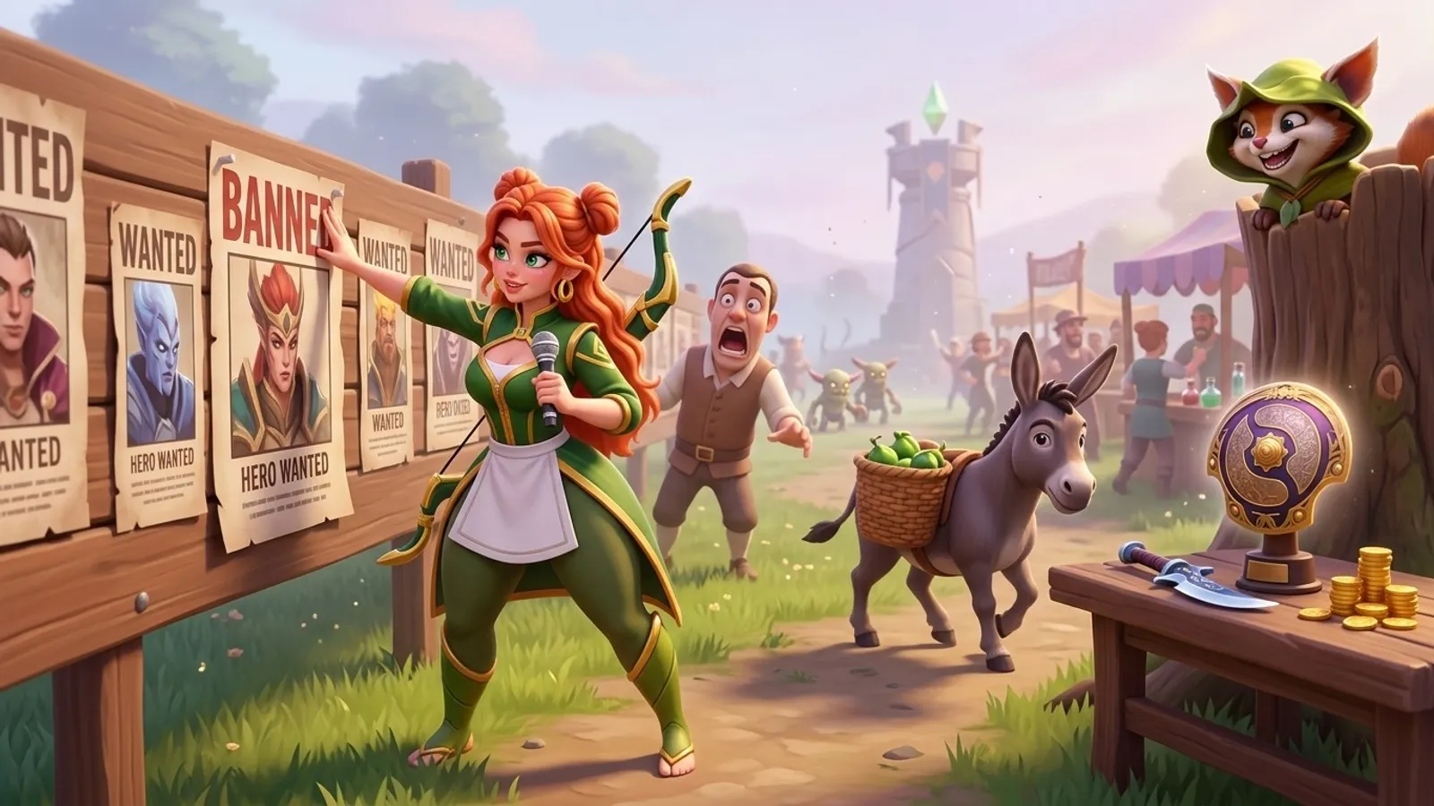Windranger reporter bans a poster at a sunny meadow market with Hoodwink, a tower and the Aegis
