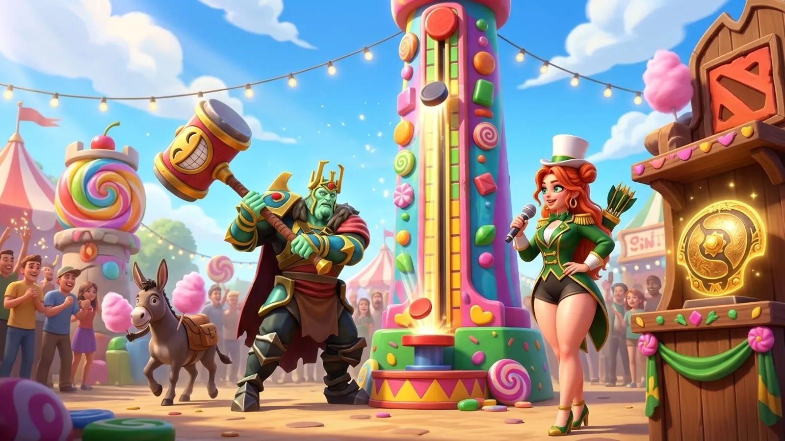 Wraith King wins a carnival strength game while the reporter holds her microphone under a sunny sky