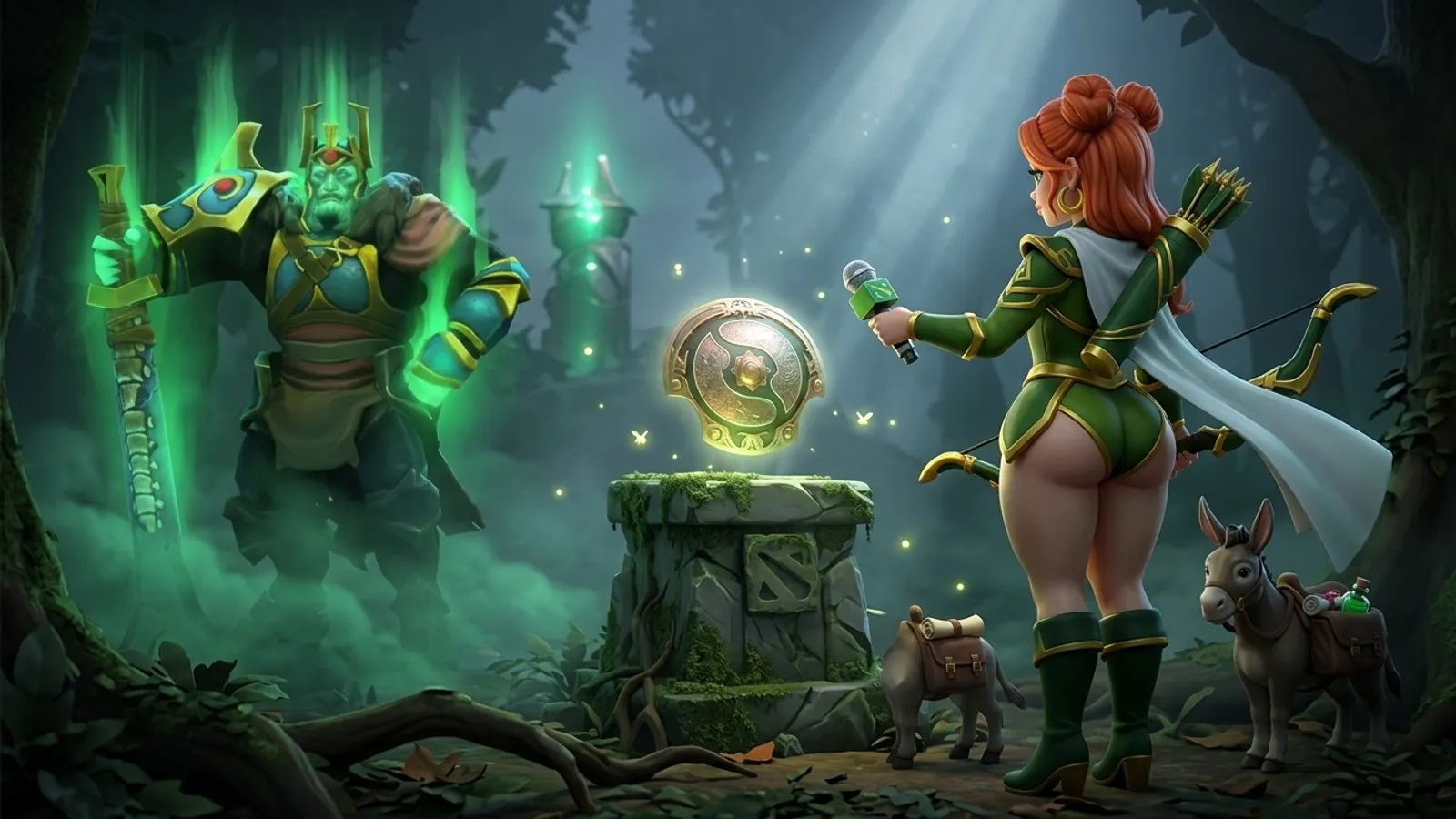 The reporter in a misty moonlit forest interviews a glowing Wraith King next to the Aegis.