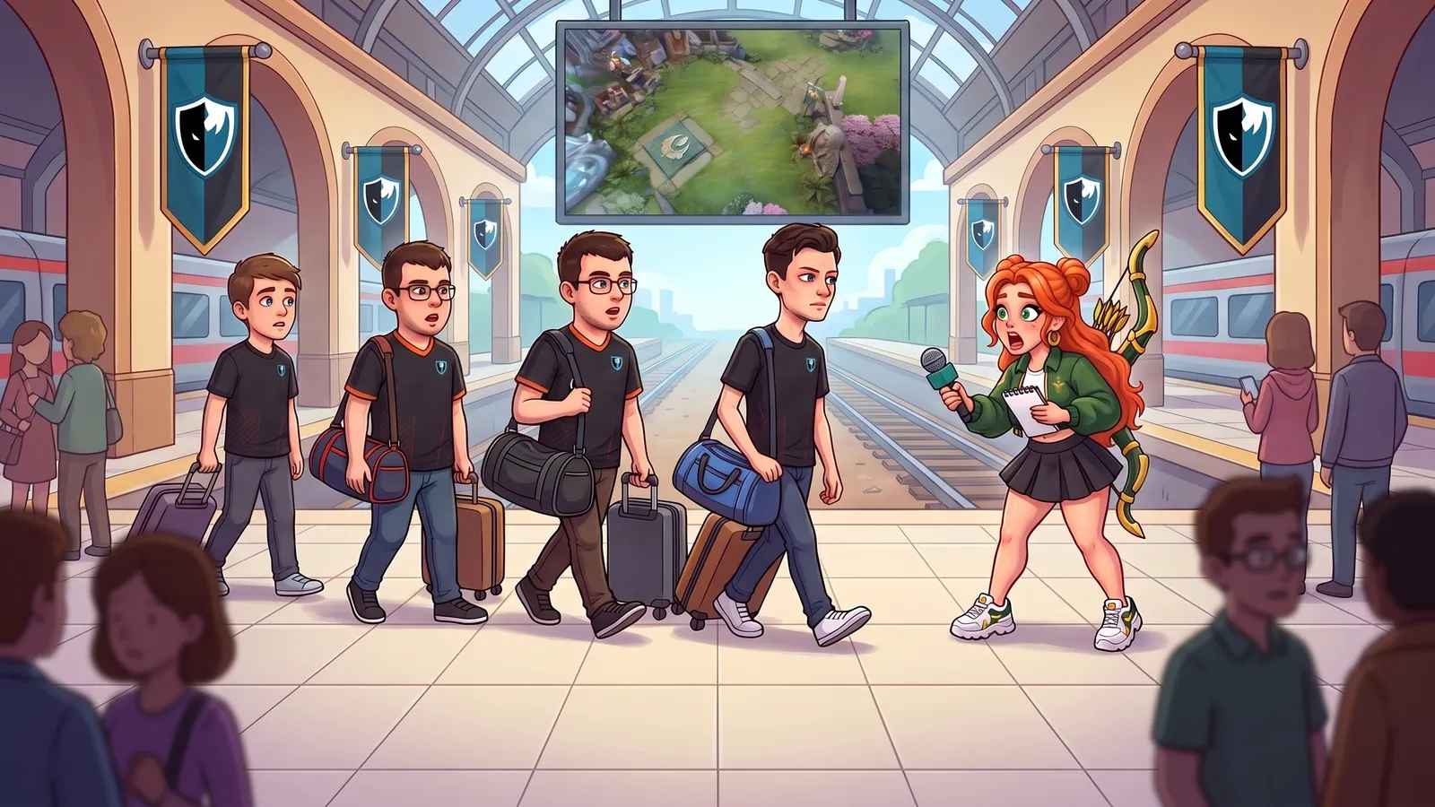 Windranger interviews four Level UP players who walk through a train station with their bags