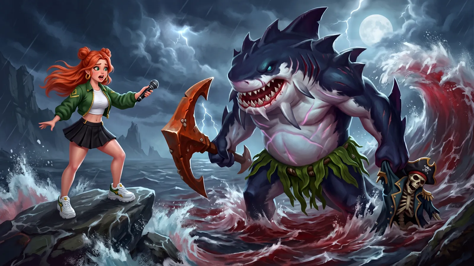 Windranger holds a microphone towards Tidehunter as a giant shark from the Maw of the Megalodon Arcana in a stormy red sea