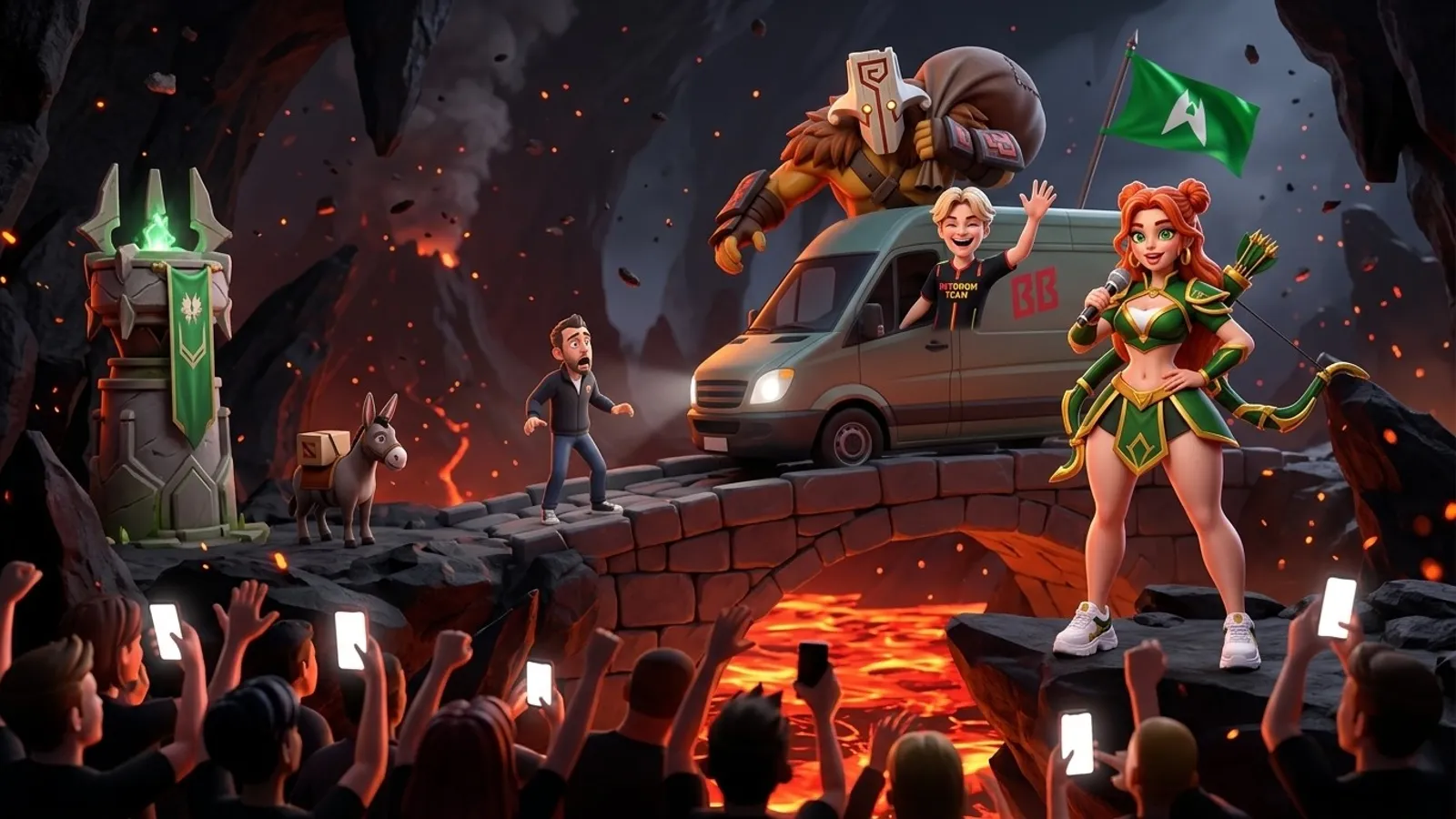 A moving van with a carry crosses a lava bridge while a red-haired reporter reports from a rock.
