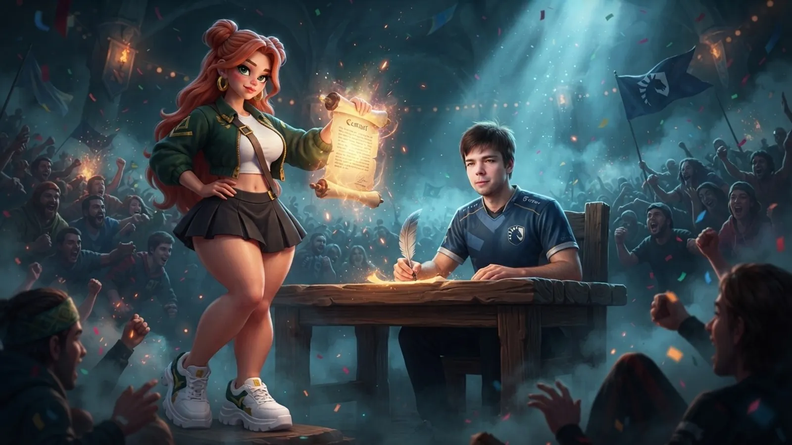 The reporter watches a mid player sign a contract for Team Liquid.