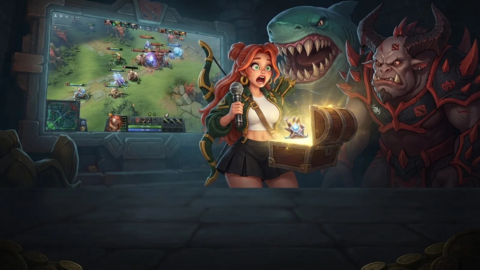 Windranger opens a glowing treasure chest while scary monsters appear behind her