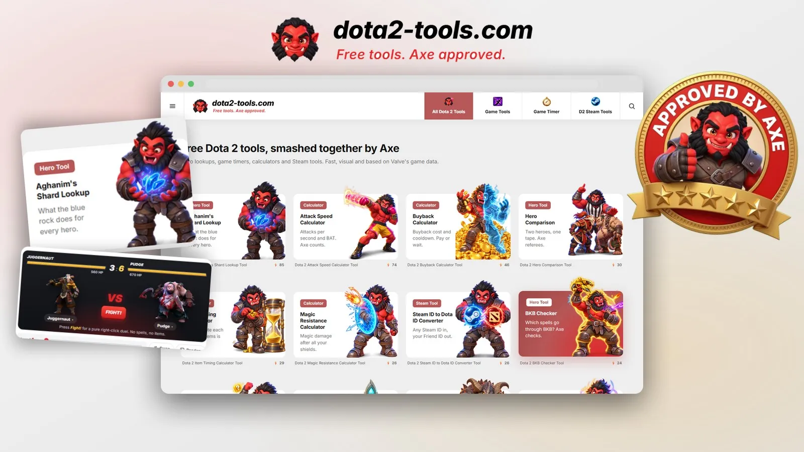 dota2-tools.com logo above the site's home page in a browser window, with an Approved by Axe badge and two tool cards