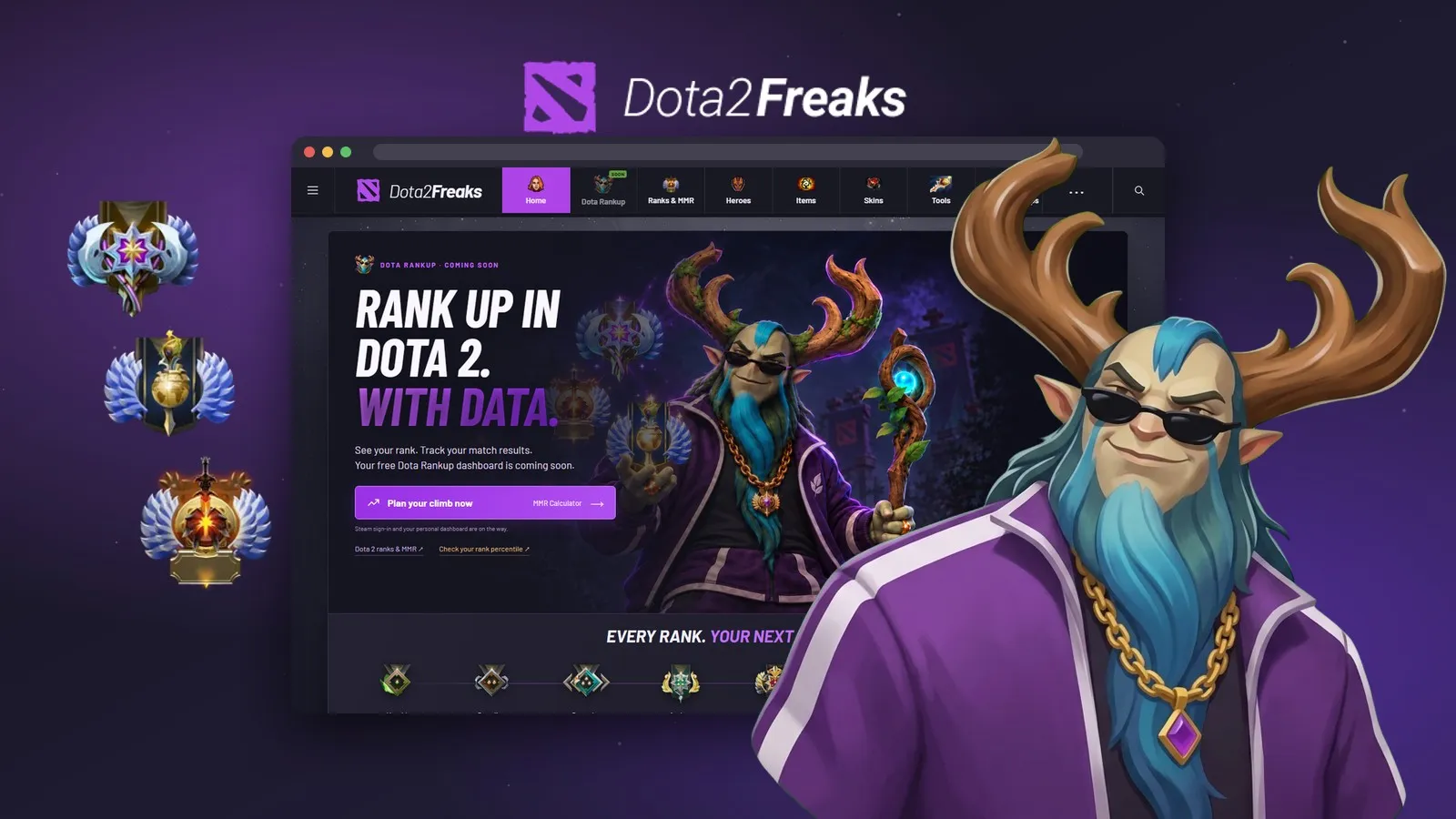 Dota2Freaks logo above the Dota2Freaks home page in a browser window, with Nature's Prophet and three rank medals