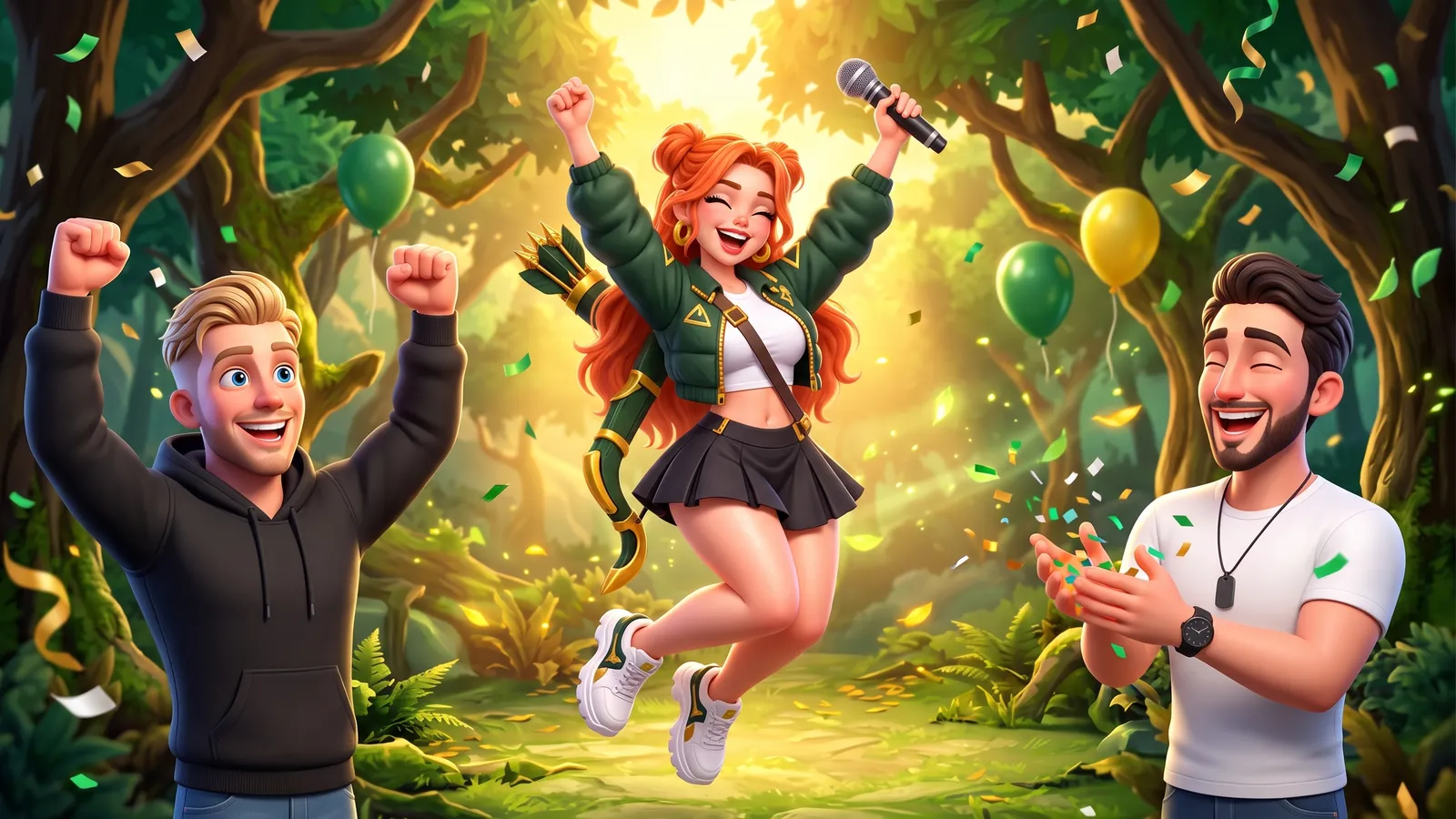 Windranger, Kevin and Claudio celebrate the opening of Dota2 News with green and gold confetti in a forest clearing