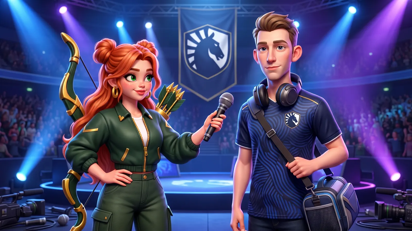 Windranger interviews Nisha in his Team Liquid jersey, a travel bag on his shoulder, in front of a Team Liquid banner