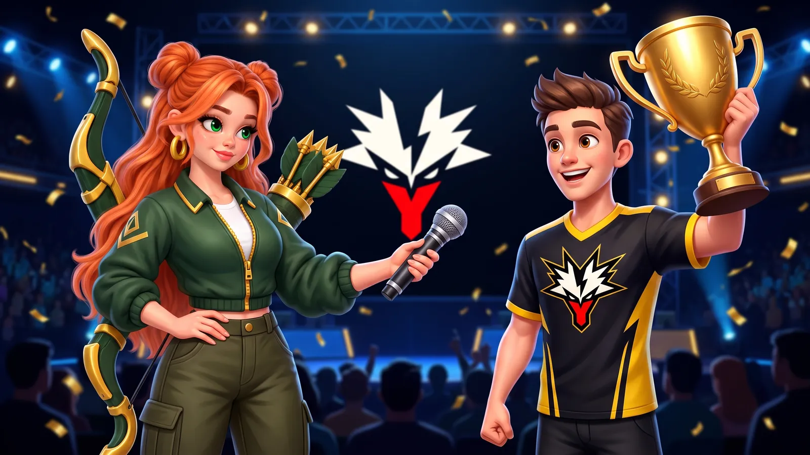 Windranger holds her microphone out to a Team Yandex player lifting a golden trophy under falling confetti