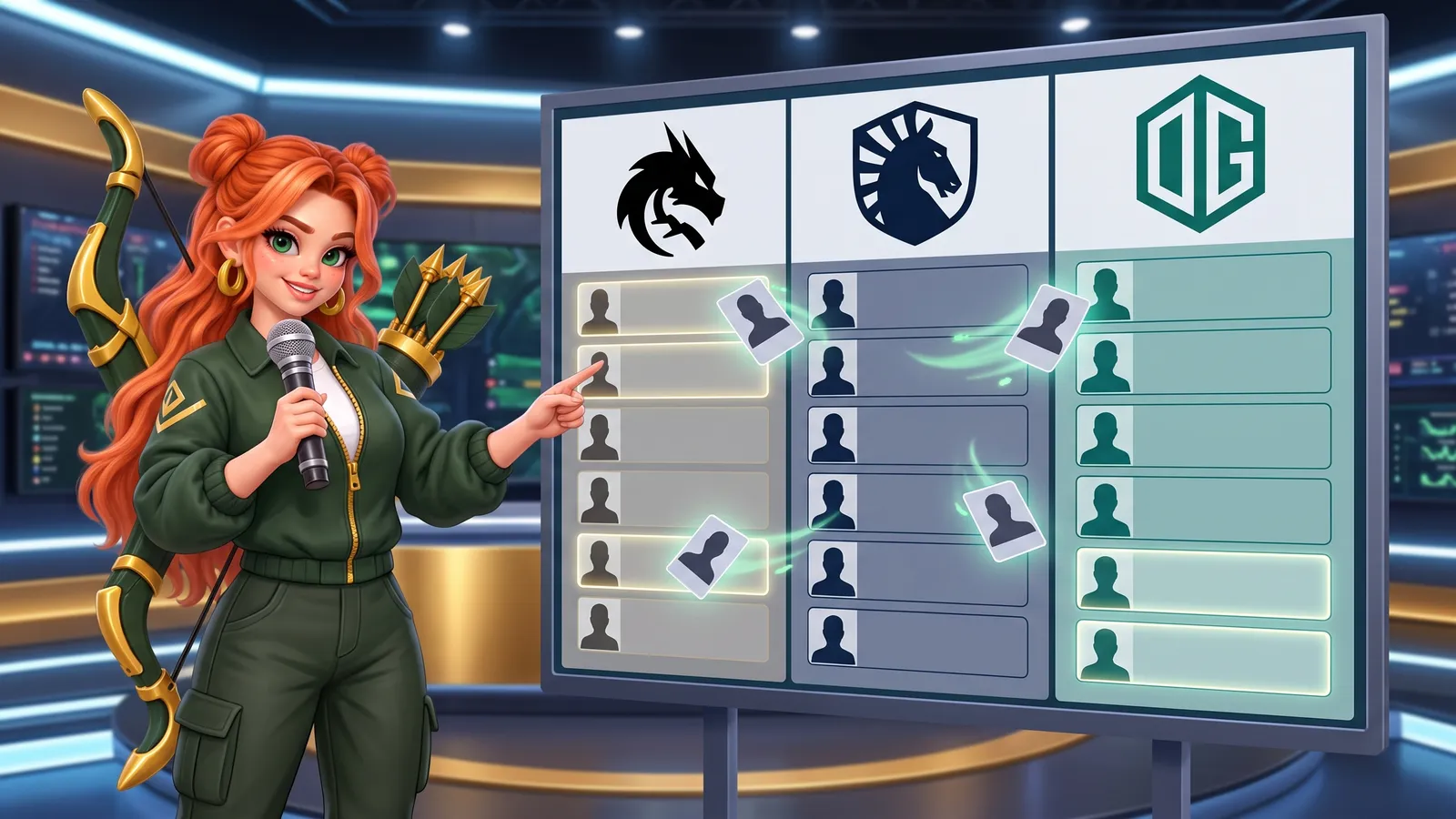 Windranger points at a transfer board with Team Spirit, Team Liquid and OG columns and flying player cards