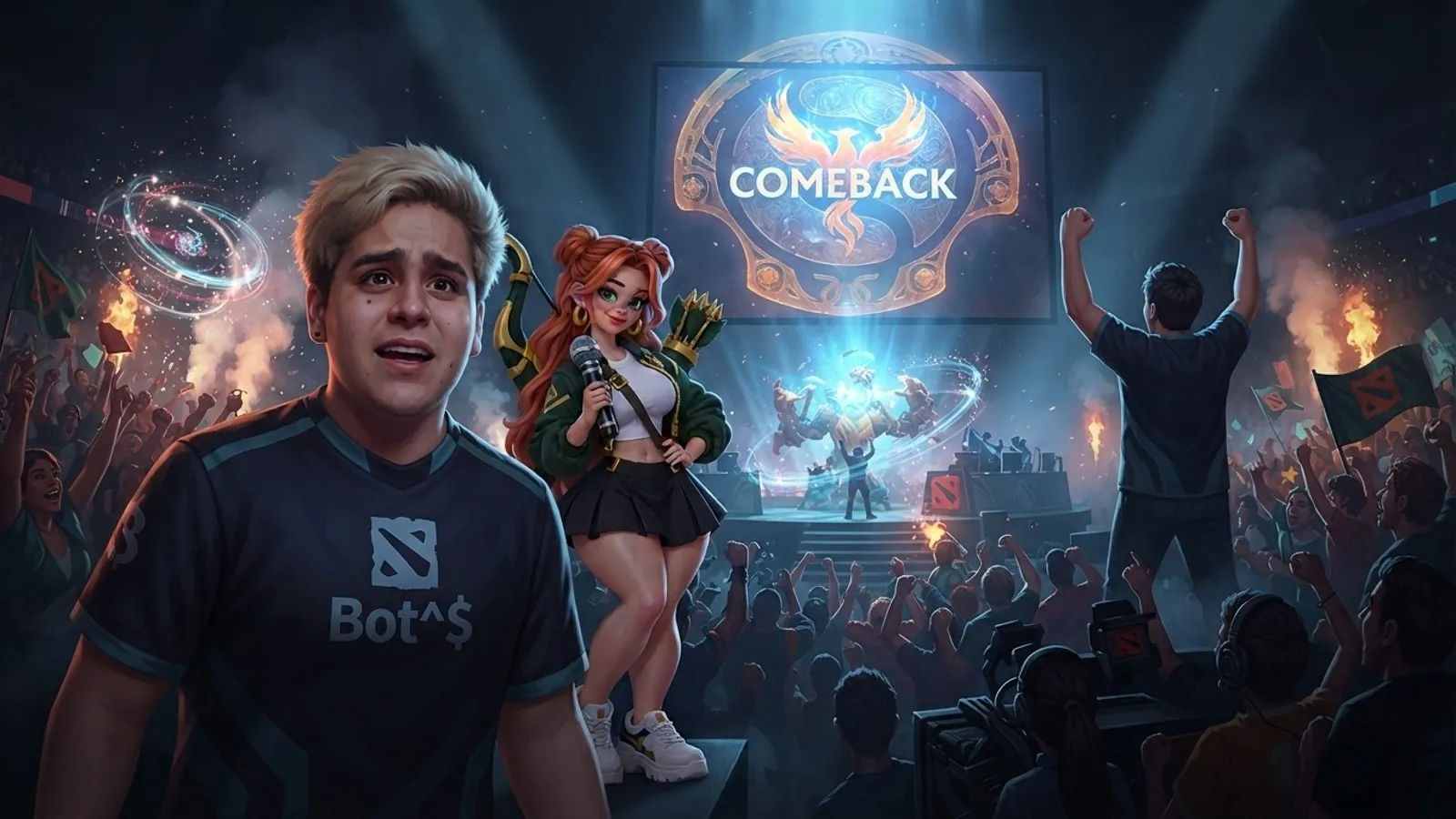 The red-haired reporter watches a dramatic comeback in a dark Dota 2 arena.
