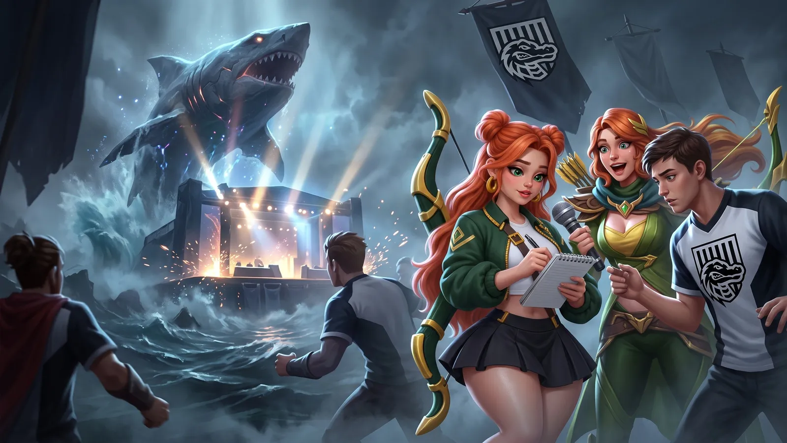 Windranger the reporter in front of a tournament stage and a giant shark shape