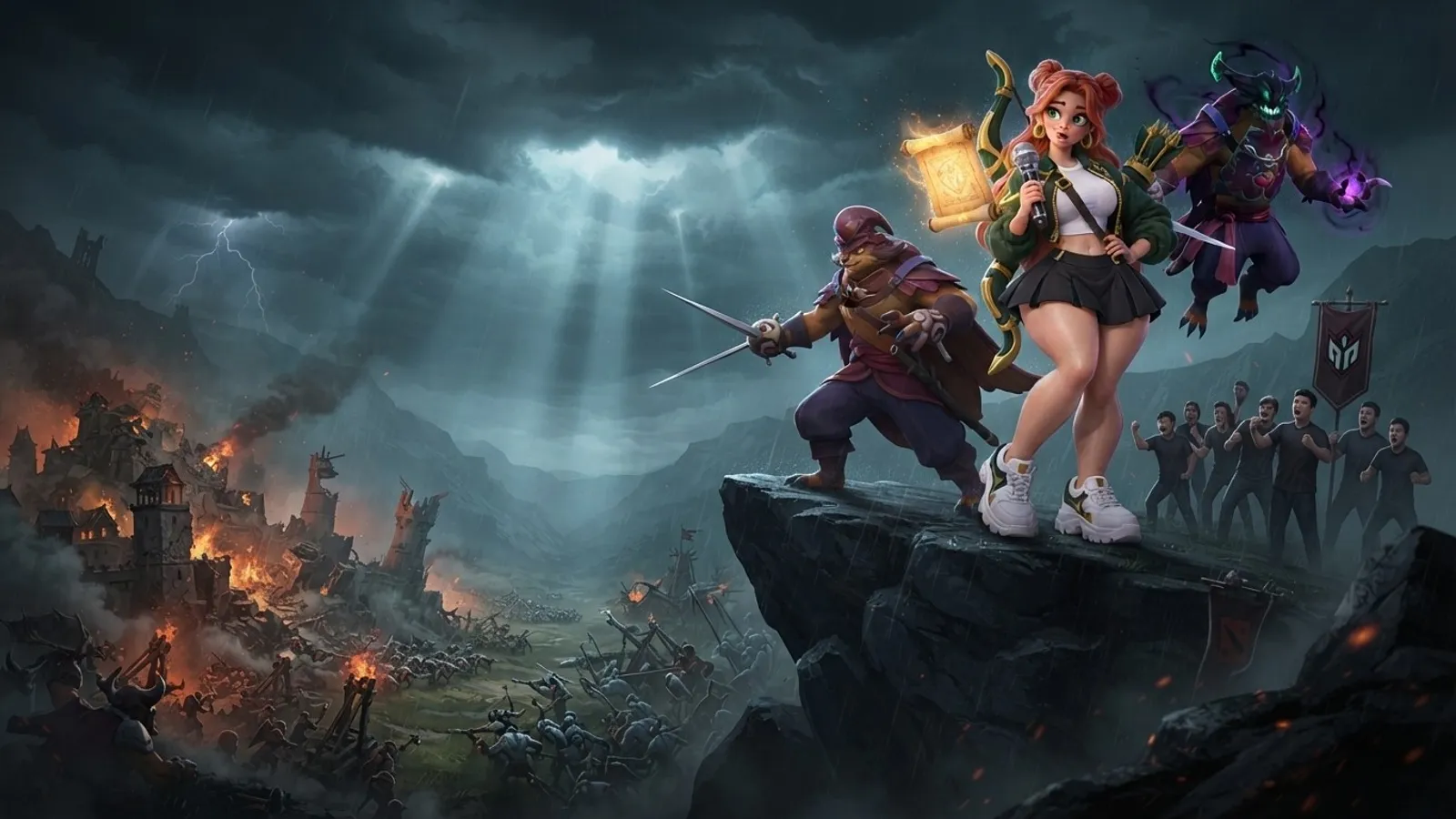 The red-haired reporter watches a huge Dota 2 battle from a dark cliff