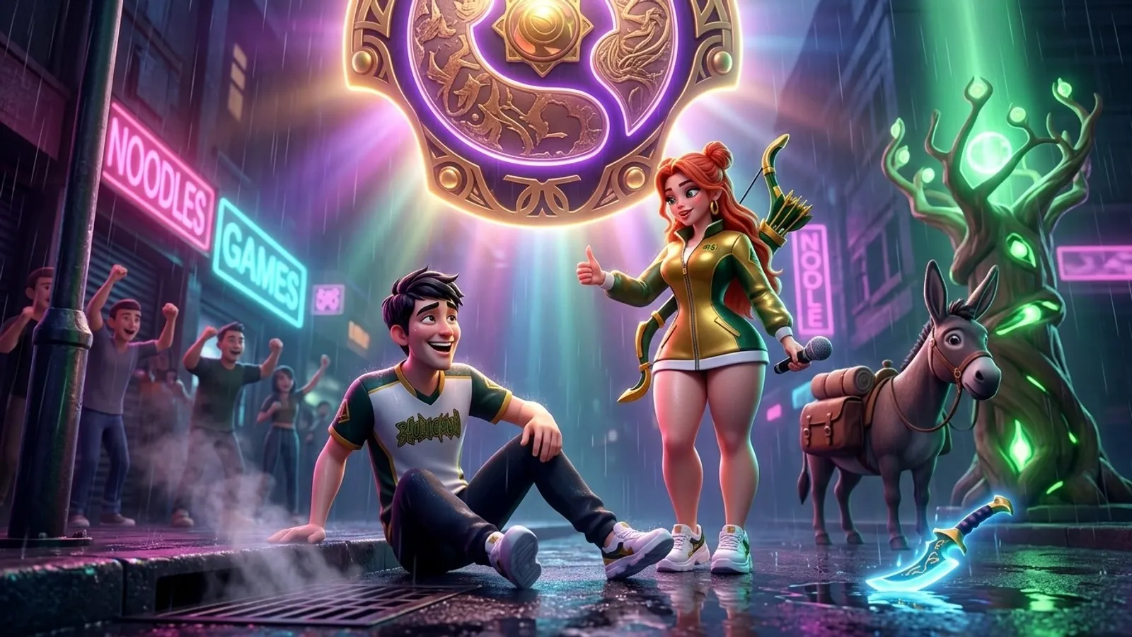Windranger reports in a neon rainy street under a glowing Aegis as a player rises after a comeback