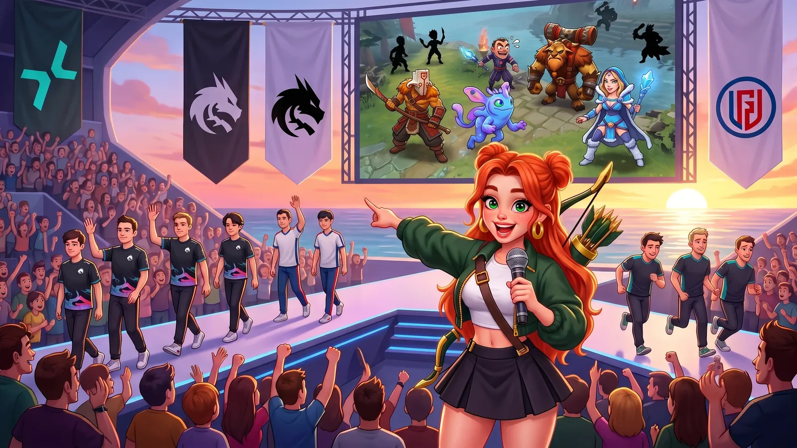 Windranger cheers as PARIVISION and Team Spirit players walk onto a playoff stage under their team banners