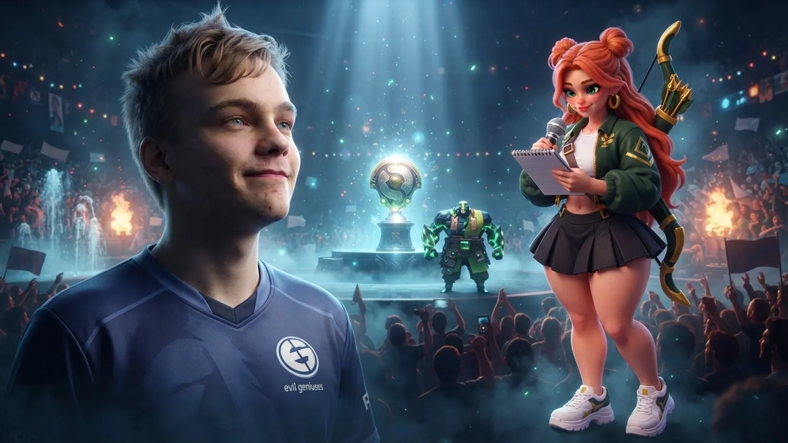 A Dota 2 player looks at a glowing trophy while the reporter watches