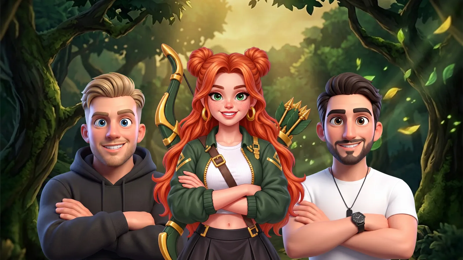 Team photo of Kevin, Windranger and Claudio with crossed arms in a green forest