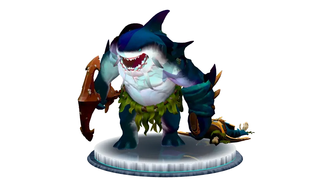 3D model of the Maw of the Megalodon Arcana: Tidehunter as a blue shark with an anchor blade, dragging Kunkka's skeleton