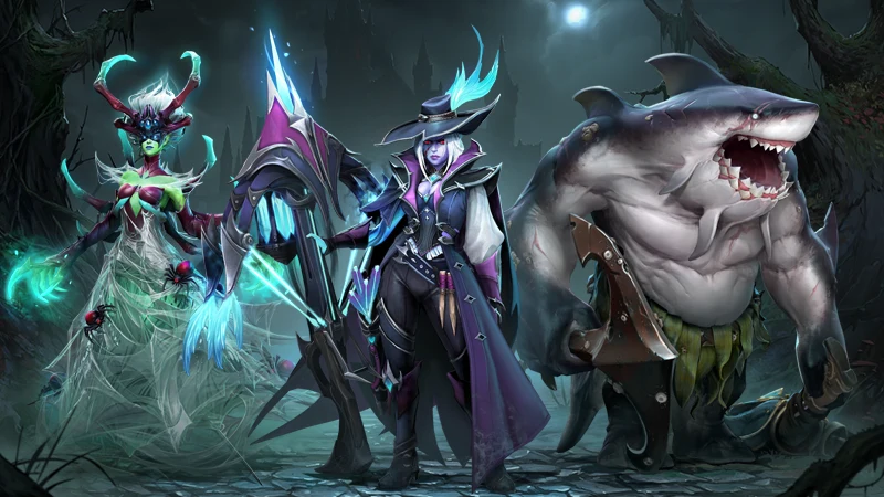Official Trove of Terror key art with the Tidehunter Arcana shark on the right and the Drow Ranger Arcana in the middle