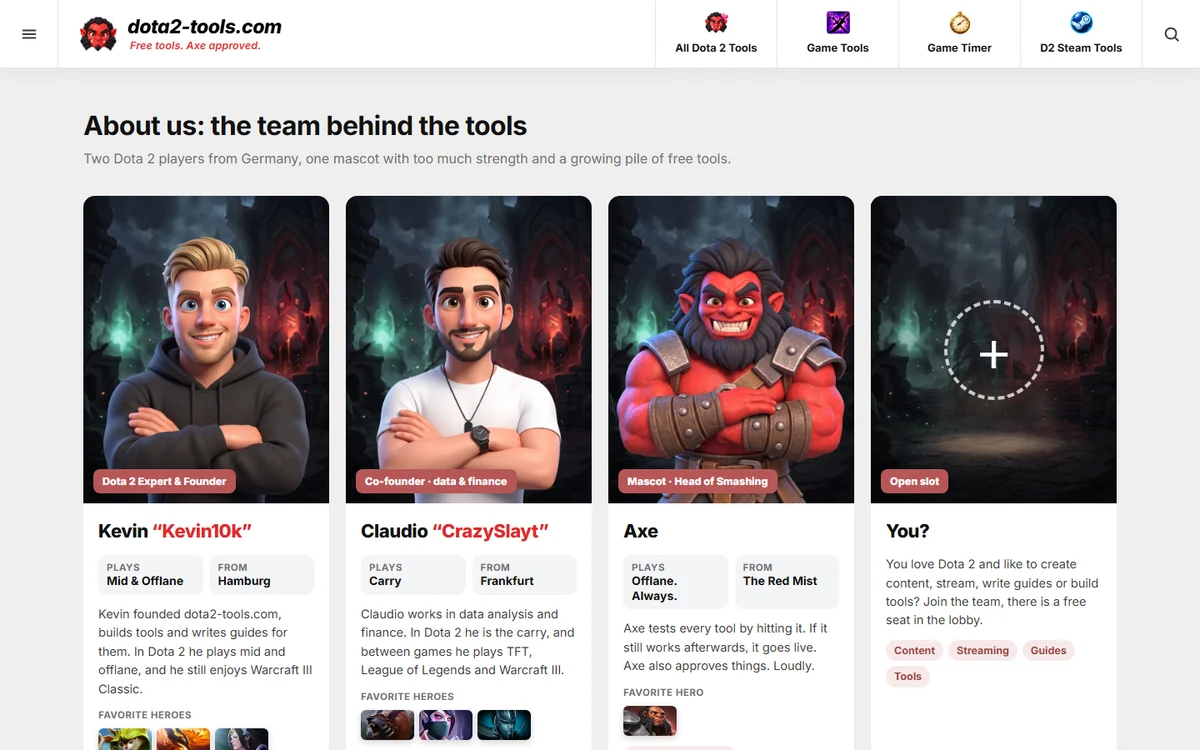 The about page of dota2-tools.com with the team cards of Kevin, Claudio and Axe