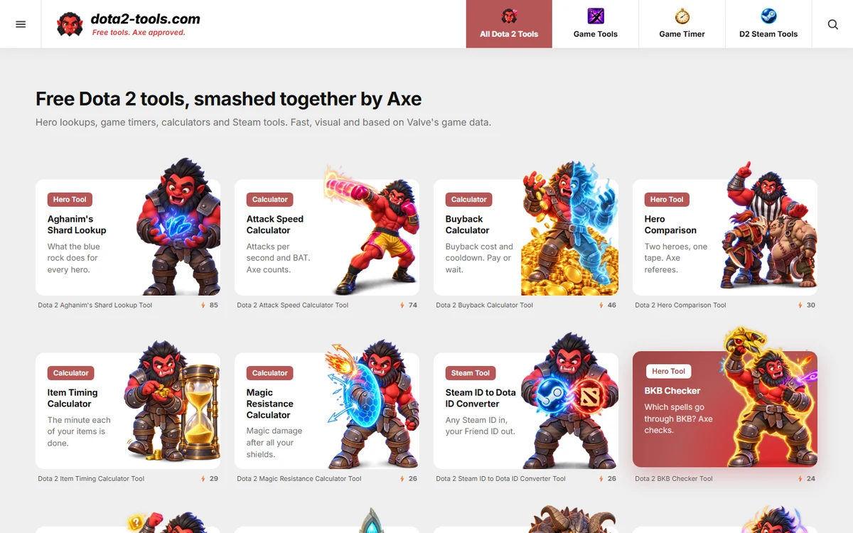 The dota2-tools.com home page with tool cards for Aghanim's Shard, attack speed, buyback and hero comparison